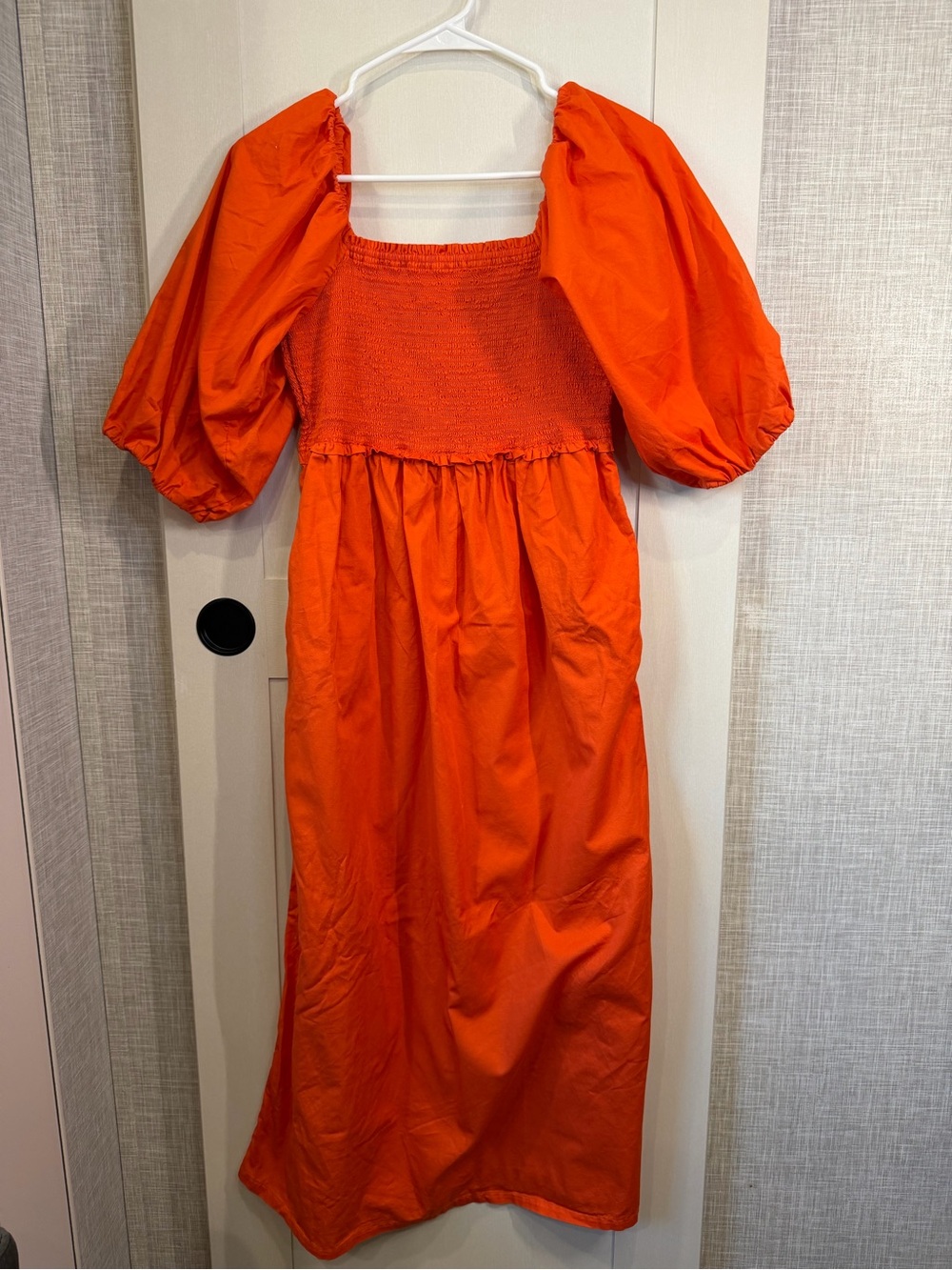 Bright Orange Puff-Sleeve Smocked Maxi Dress